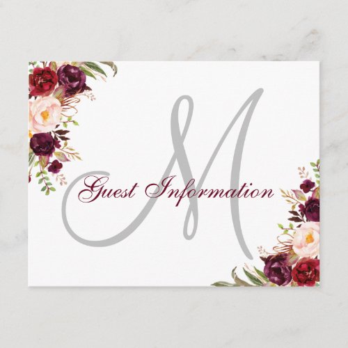 Burgundy Floral Elegant Monogram Wedding Reception Enclosure Card