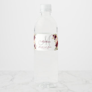 Burgundy Floral Elegant Monogram Wedding Water Bottle Label