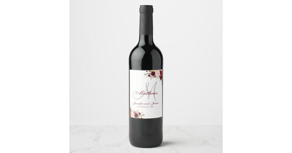 Burgundy Floral Elegant Monogram Wedding Wine Label | Zazzle