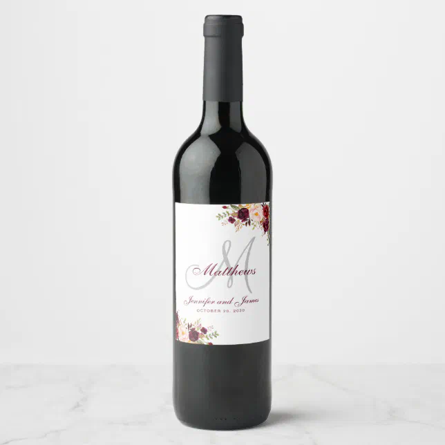 Burgundy Floral Elegant Monogram Wedding Wine Label | Zazzle
