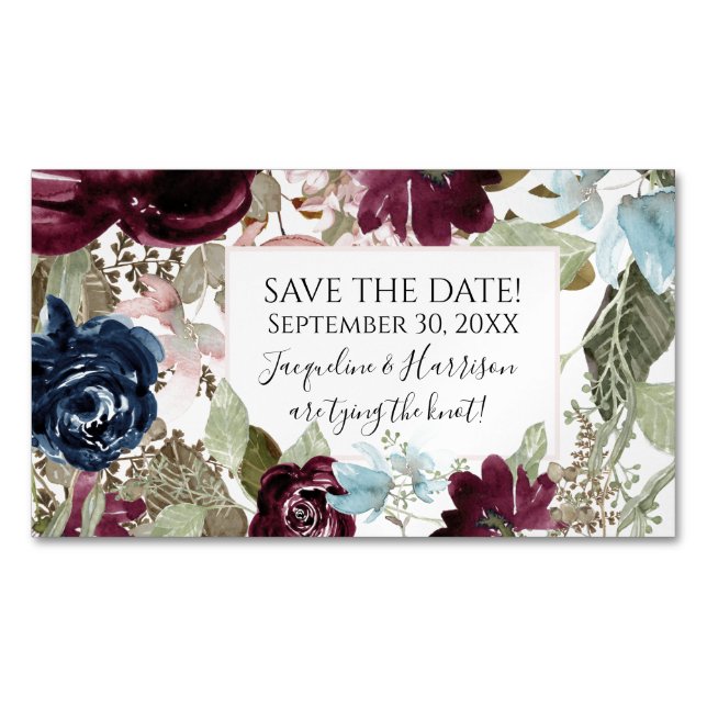 Burgundy Floral Elegant Navy Blush Save the Date Business Card Magnet (Front)