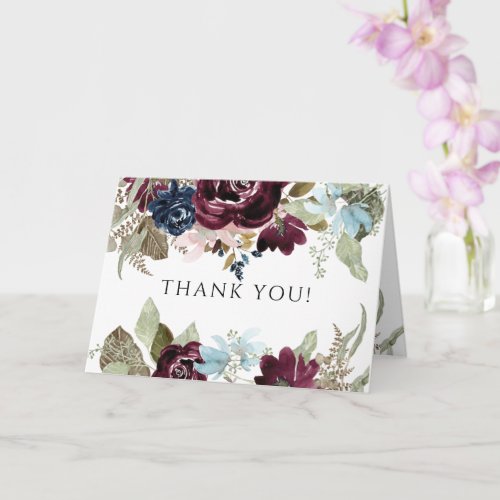 Burgundy Floral Elegant Navy Wedding Thank You Card