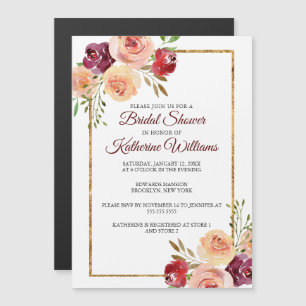 Burgundy Floral Elegant Peony Gold Bridal Shower Magnetic Invitation