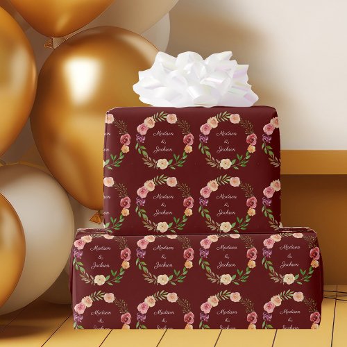 Burgundy Floral Elegant Peony Monogram Wedding Wrapping Paper