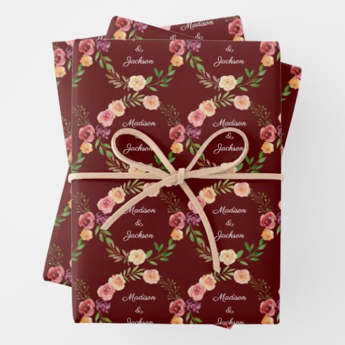 Burgundy Floral Elegant Peony Monogram Wedding Wrapping Paper Sheets