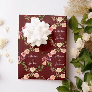 Burgundy Floral Elegant Peony Monogram Wedding Wrapping Paper Sheets