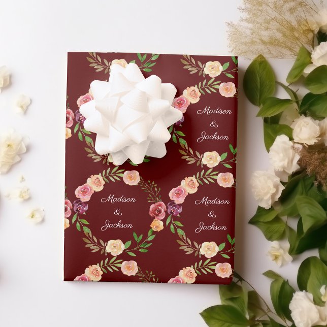 Burgundy Floral Elegant Peony Monogram Wedding Wrapping Paper Sheets (Creator Uploaded)