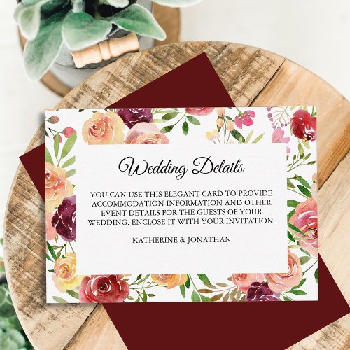 Burgundy Floral Elegant Peony Wedding Details Enclosure Card