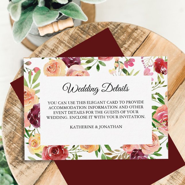 Burgundy Floral Elegant Peony Wedding Details Enclosure Card (Creator Uploaded)