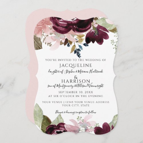 Burgundy Floral Elegant Pink Fall Foliage Wedding Invitation