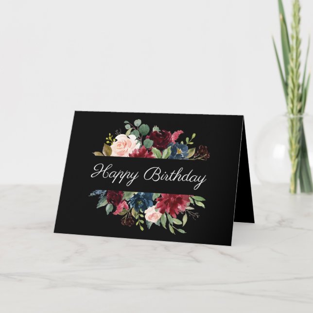 Burgundy Floral Elegant Pretty Watercolor Birthday Card (Front)