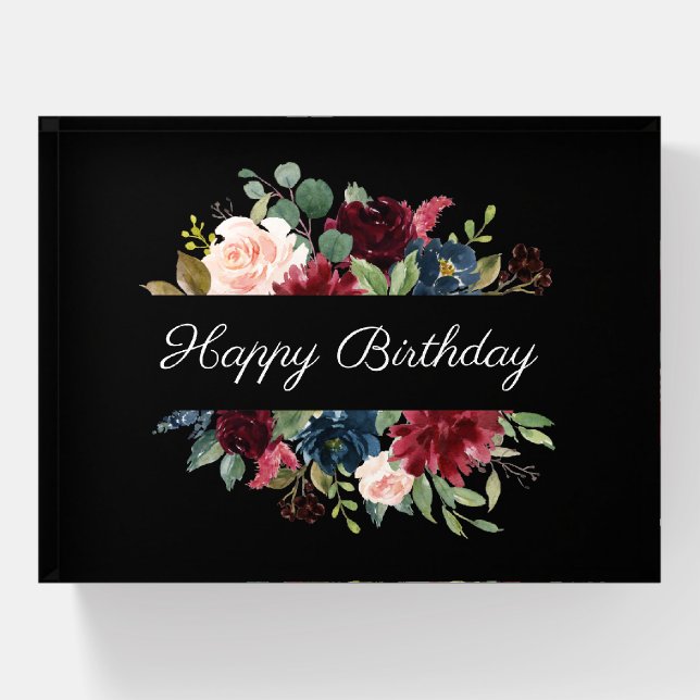 Burgundy Floral Elegant Pretty Watercolor Birthday Paperweight (Front)