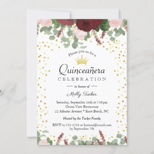 Burgundy Floral Elegant Quinceanera 15th Birthday Invitation