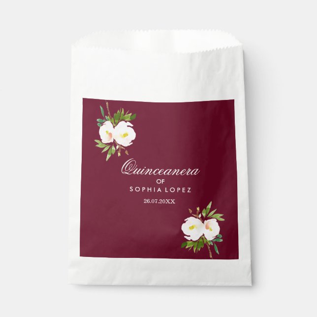 Burgundy Floral Elegant Quinceanera Favor Bag (Front)