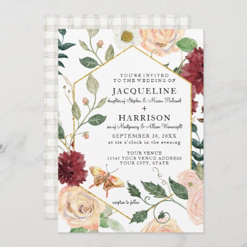 Burgundy Floral Elegant Rose Fall Foliage Wedding Invitation
