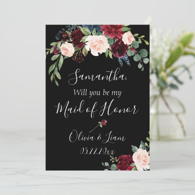 Burgundy Floral Elegant Rustic Be My Maid of Honor Invitation (Standing Front)