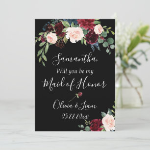 Burgundy Floral Elegant Rustic Be My Maid of Honor Invitation