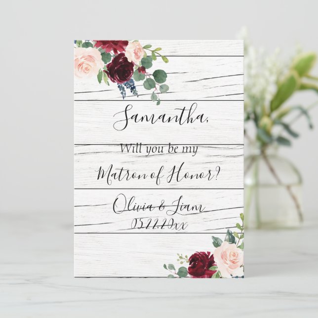 Burgundy Floral Elegant Rustic Matron of Honor Invitation (Standing Front)