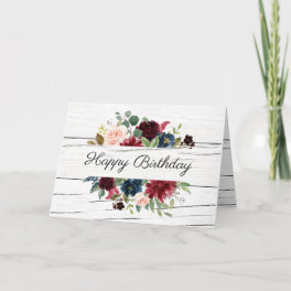 Burgundy Floral Elegant Rustic Watercolor Birthday Card