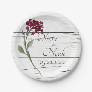 Burgundy Floral Elegant Rustic Watercolor Name Paper Plates