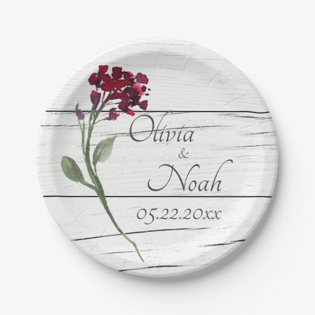 Burgundy Floral Elegant Rustic Watercolor Name Paper Plates (Front)