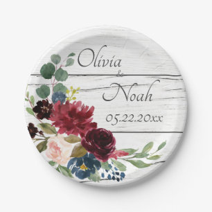 Burgundy Floral Elegant Rustic Watercolor Pretty Paper Plates