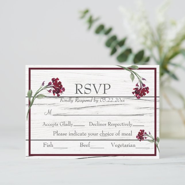 Burgundy Floral Elegant Rustic Watercolor RSVP Card (Standing Front)