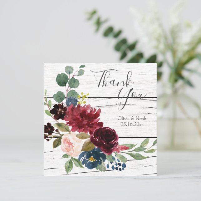 Burgundy Floral Elegant Rustic Watercolor Thanks (Standing Front)