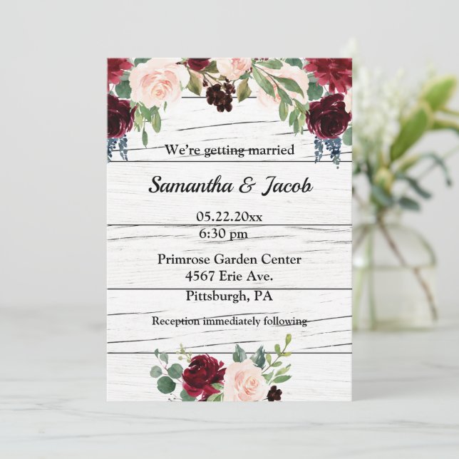 Burgundy Floral Elegant Rustic Wedding Invitation (Standing Front)