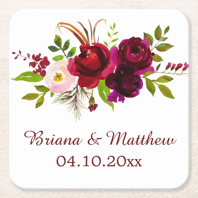 Burgundy Floral Elegant Script Square Paper Coaster (Front)