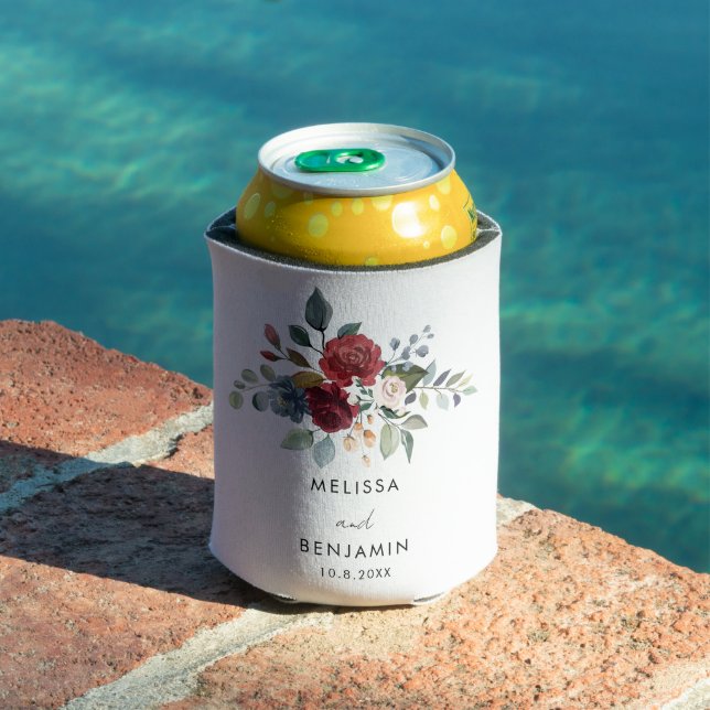 Burgundy Floral Elegant Script Wedding Favors Can Cooler (In Situ Pool)