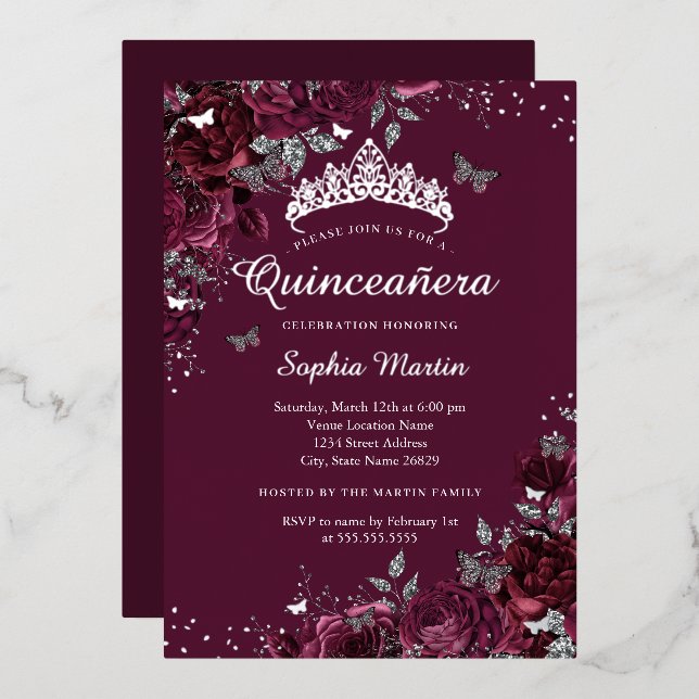 Burgundy Floral Elegant Silver Quinceanera Foil Invitation (Front/Back)