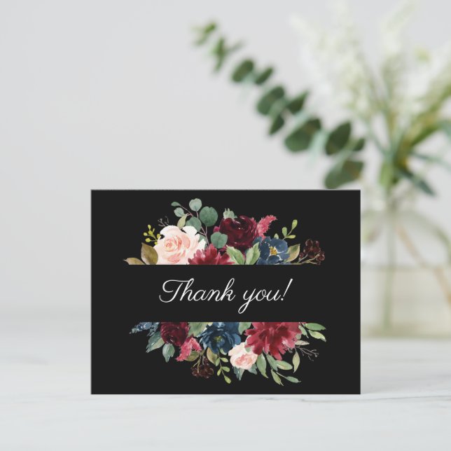 Burgundy Floral Elegant Watercolor Thank You Postcard (Standing Front)