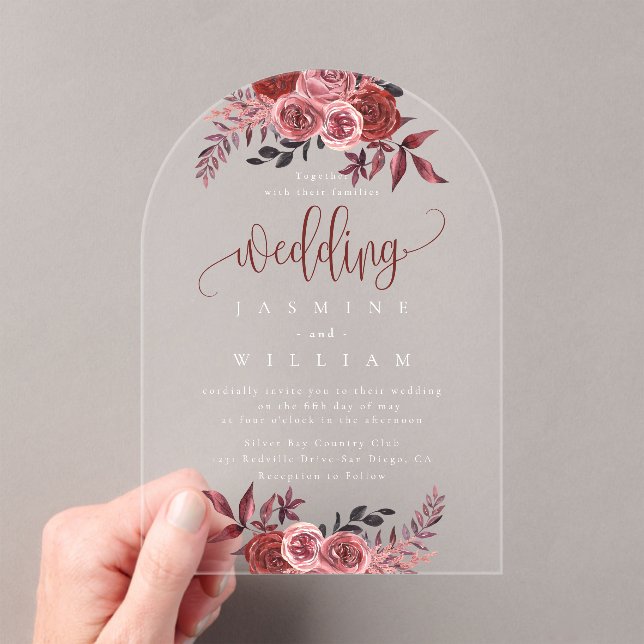 Burgundy Floral Elegant  Wedding Acrylic Invitations (Insitu (Handheld))