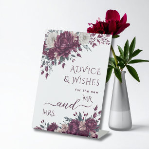 Burgundy Floral Elegant Wedding Advice & Wishes Pedestal Sign