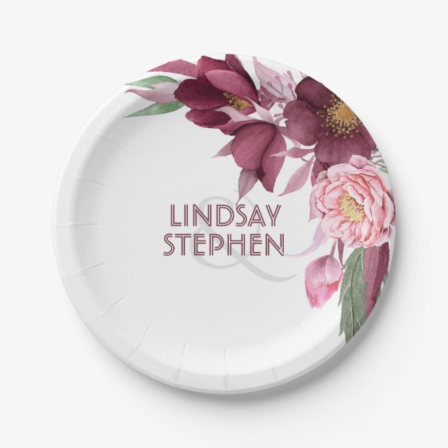 Burgundy Floral Elegant Wedding Paper Plates (Front)