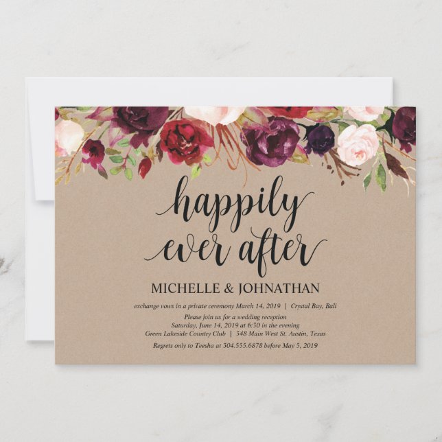 Burgundy Floral Elopement Reception Kraft Invites (Front)