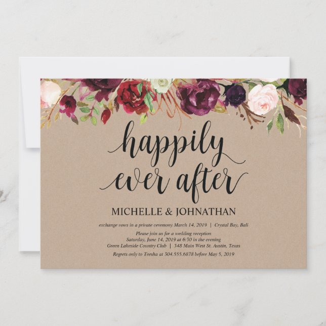 Burgundy Floral Elopement Reception Kraft Invites (Front)