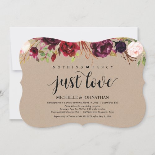 Burgundy Floral Elopement Reception Kraft invites