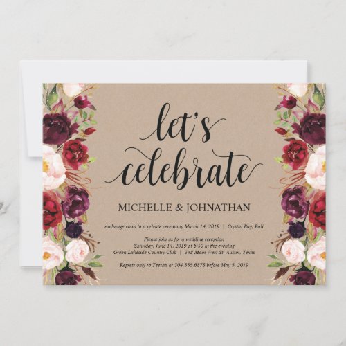 Burgundy Floral Elopement Reception Kraft Invites