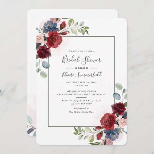 Burgundy Floral Eucalyptus Greenery Bridal Shower Invitation