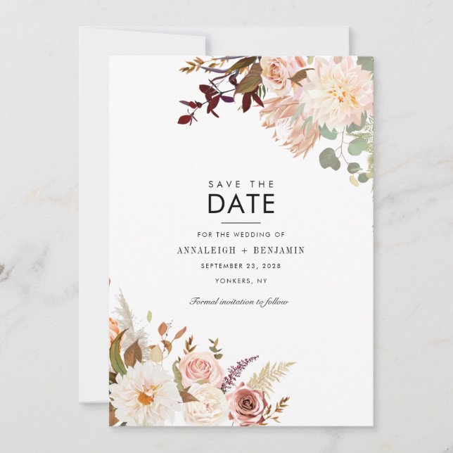 Burgundy Floral Eucalyptus Modern Save the Date (Front)