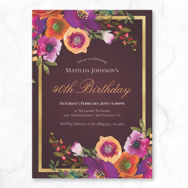 Burgundy Floral Fall 40th Birthday Party Invitation (Burgundy Floral Fall 40th Birthday Party Invitation)