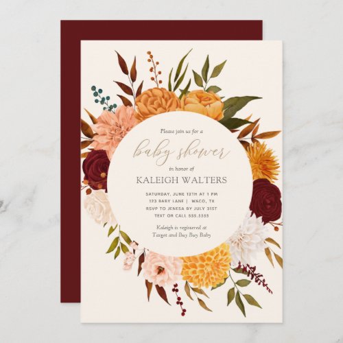 Burgundy Floral Fall Baby Shower Invitation