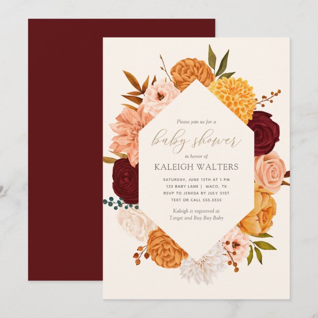 Burgundy Floral Fall Baby Shower Invitation (Front/Back)