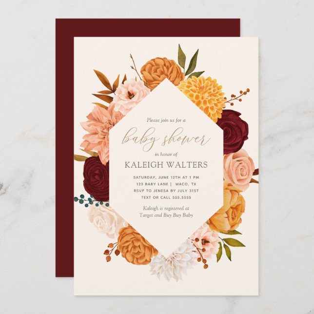 Burgundy Floral Fall Baby Shower Invitation (Front/Back)