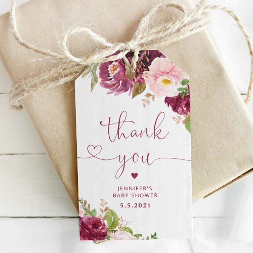 Burgundy floral fall baby shower thank you gift tags