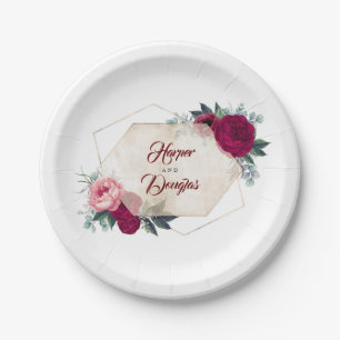 Burgundy Floral Fall Geometric Paper Plates