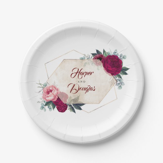 Burgundy Floral Fall Geometric Paper Plates (Front)