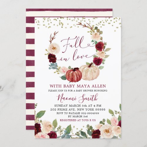 Burgundy Floral Fall in Love Pumpkin Baby Shower Invitation